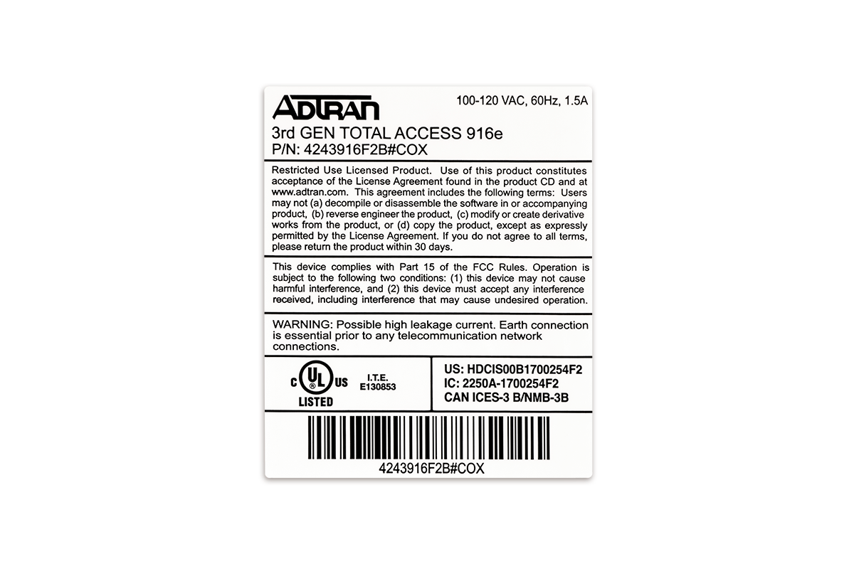 Adtran black and white polyester label